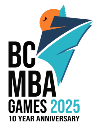 A blue logo with an orange circle for the BC MBA Games 2025 10 year anniversary